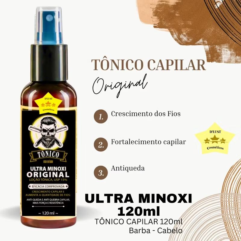 Minoxidil 15% D'Lust Turbo 120ml, para Cabelo, Barba e Sobrancelha